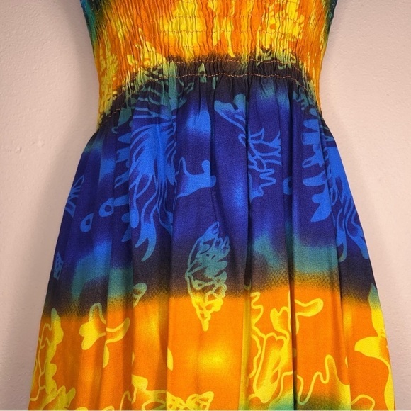 SMALL TROPICAL DRESS SLEEVELESS STRETCH COLORFUL BLUE ORANGE BEACH VACATION - Picture 5 of 13